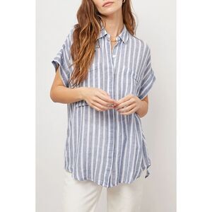 RAILS Blue White Cito Rhone Stripe Linen Oversized Lagenlook Button Up Shirt XL